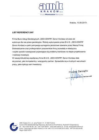 List referencyjny dla GEO-CENTR od AMK Kraków S.A. (Grupa Mostostal Warszawa)