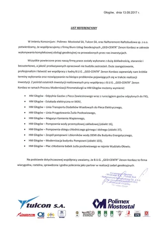 List referencyjny dla GEO-CENTR od konsorcjum Polimex-Mostostal, Tulcon i Naftoremont-Naftobudowa