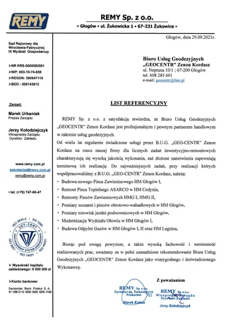 List referencyjny dla GEO-CENTR od REMY Sp. z o.o.