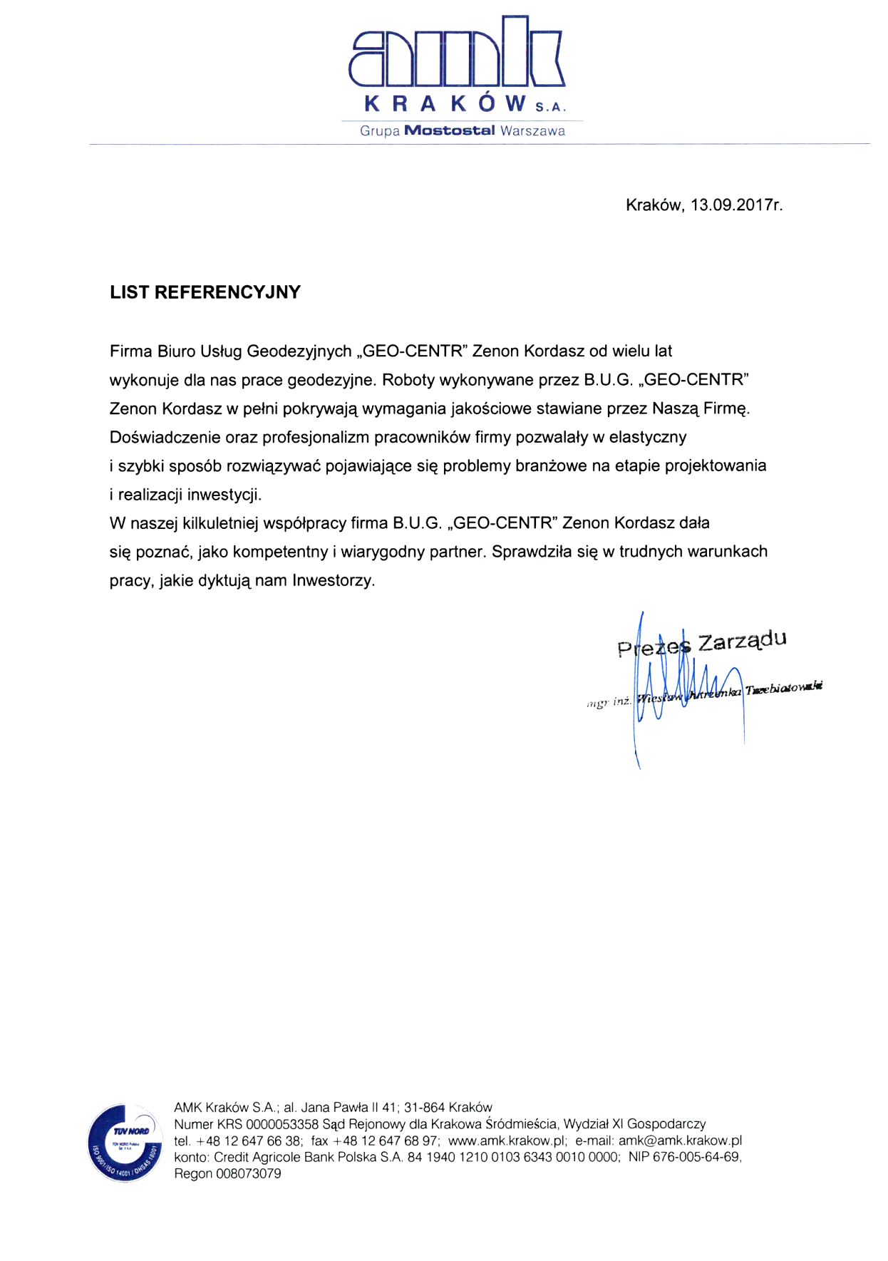 List referencyjny dla GEO-CENTR od AMK Kraków S.A. (Grupa Mostostal Warszawa)