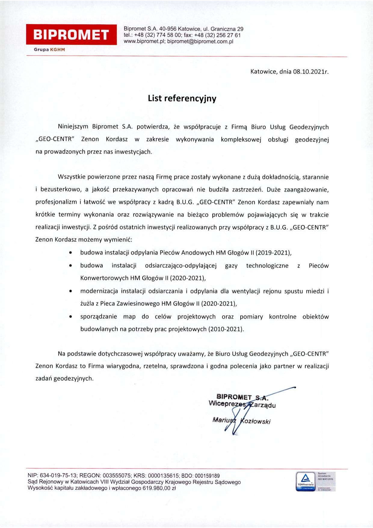 List referencyjny dla GEO-CENTR od Bipromet S.A. (Grupa KGHM)