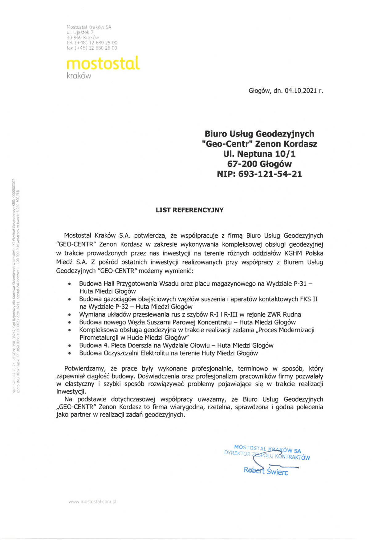 List referencyjny dla GEO-CENTR od Mostostal Kraków S.A.