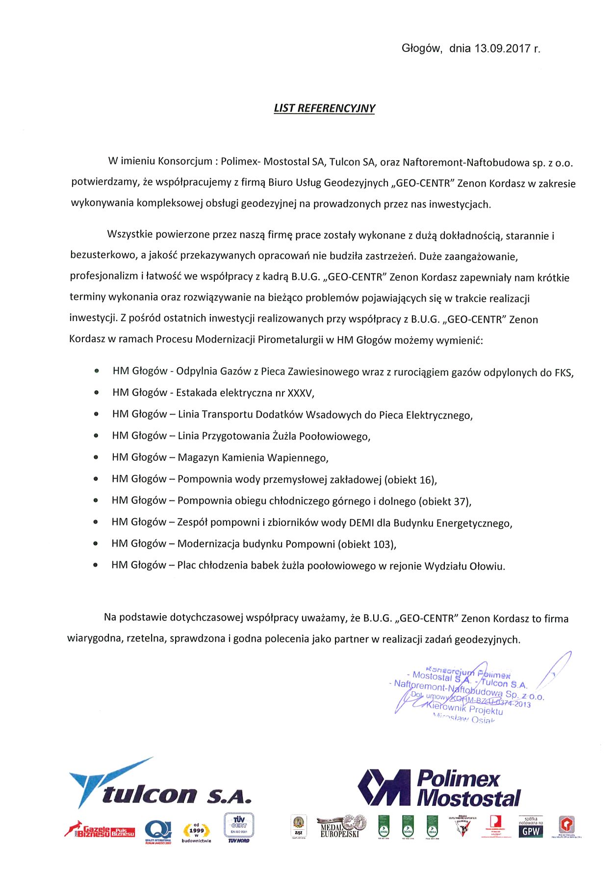 List referencyjny dla GEO-CENTR od konsorcjum Polimex-Mostostal, Tulcon i Naftoremont-Naftobudowa