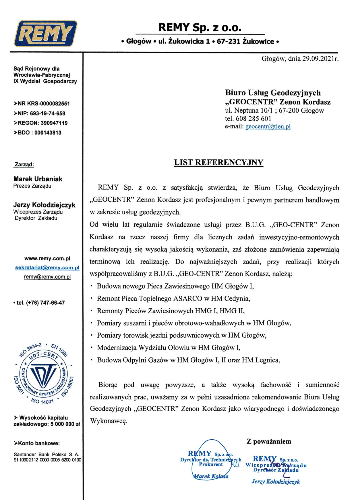 List referencyjny dla GEO-CENTR od REMY Sp. z o.o.